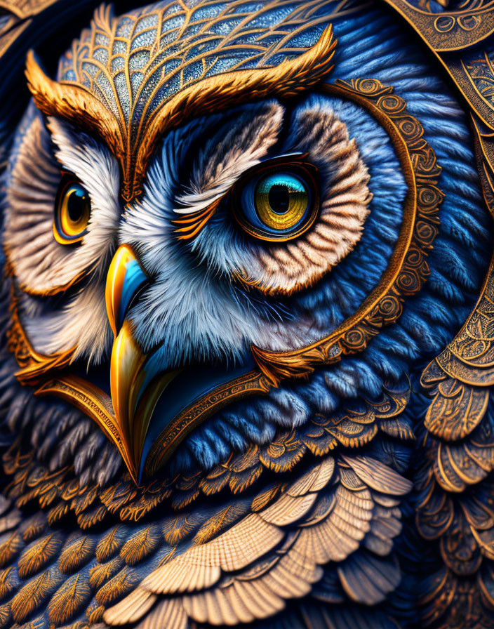 Detailed illustration of owl with vibrant blue eyes and ornate gold and blue feathers