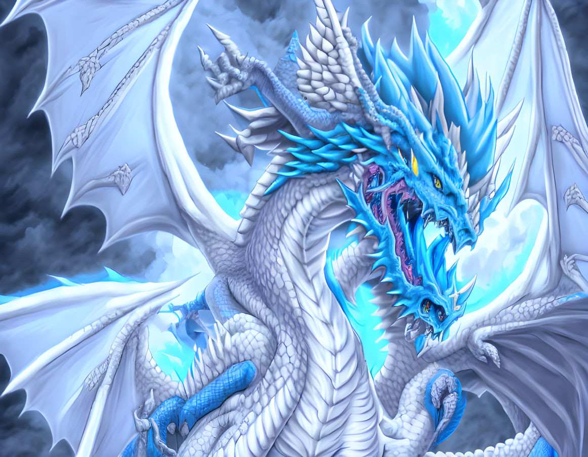 Blue and White Dragon with Glowing Eyes and Horns in Grey Clouds