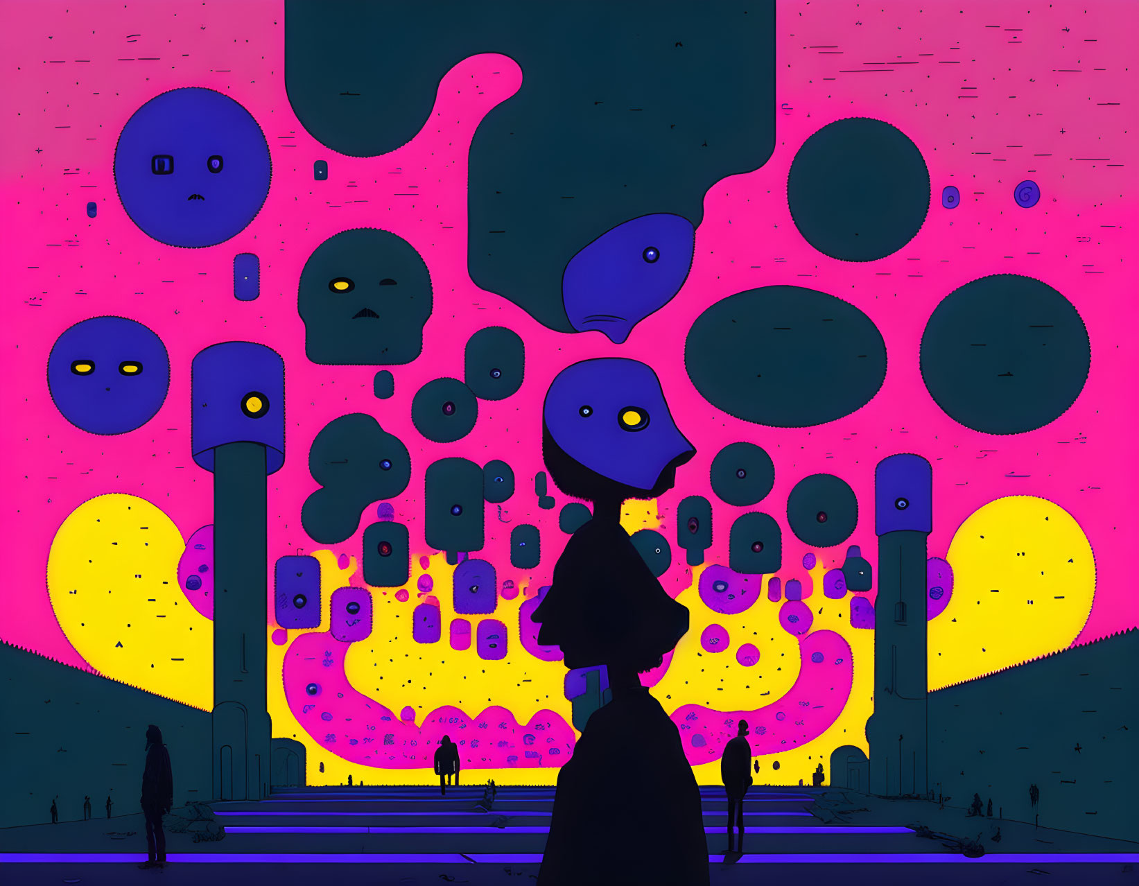 Surreal stylized illustration: person silhouette, vibrant backdrop, abstract shapes, floating heads, pur