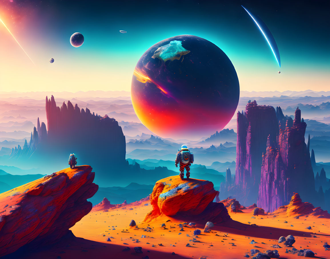 Astronaut on rocky alien landscape with mountains, planets, and comet in orange, red, and