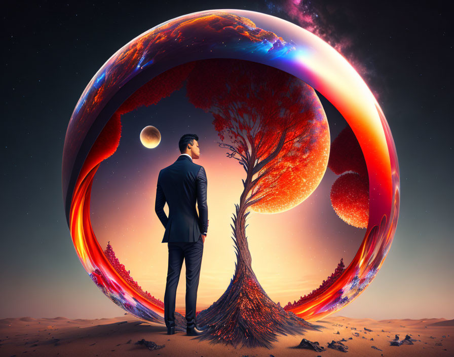 Man in suit gazes at surreal fiery landscape through circular portal