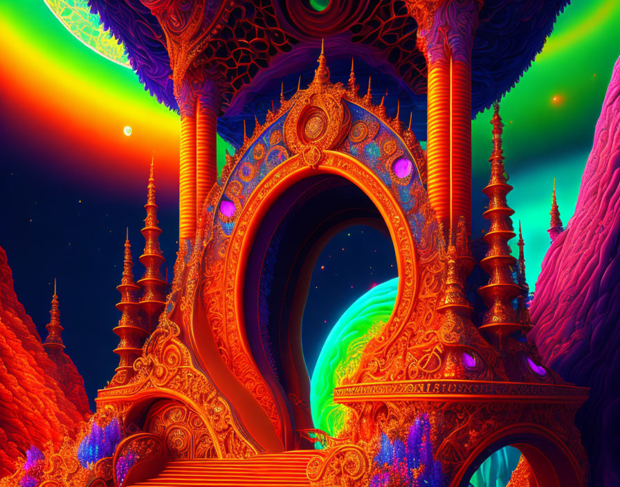 Vibrant digital art: Ornate orange architecture against psychedelic sky