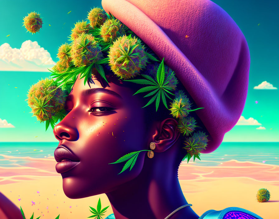 Woman with cannabis-themed accessories on sunset background.