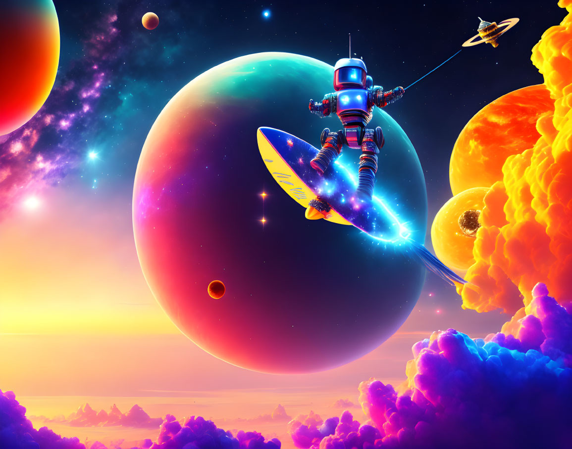 Colorful robot surfing cosmic wave in space with planets and starry sky.