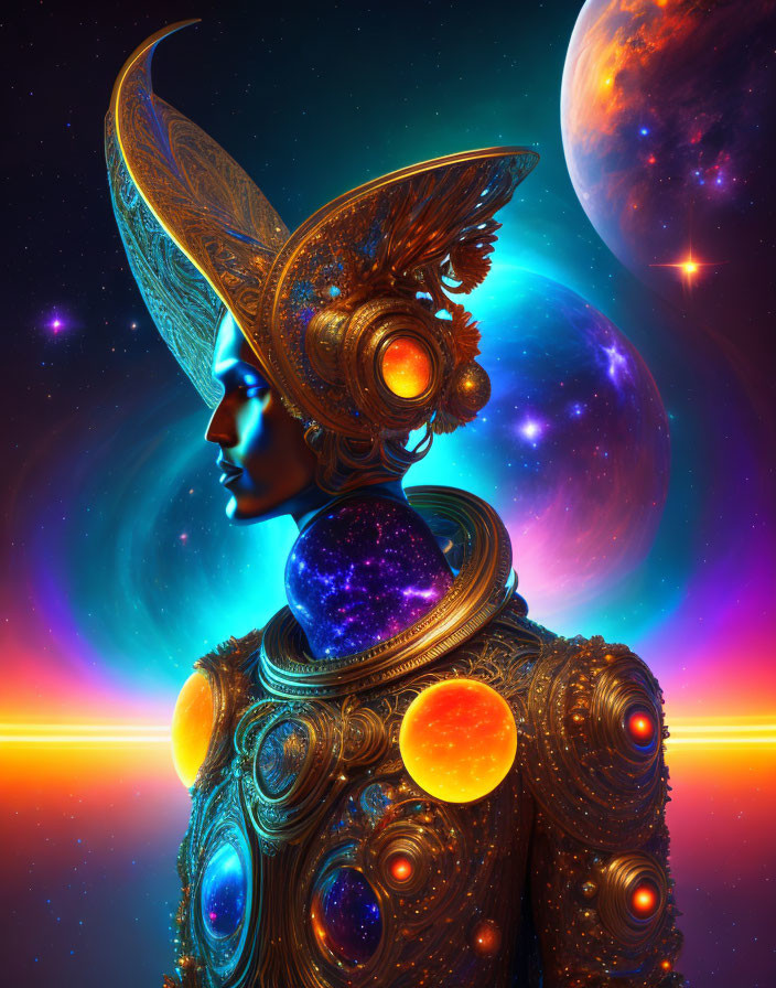 Digital artwork: Humanoid profile with ornate golden helmet and cosmic armor on space backdrop