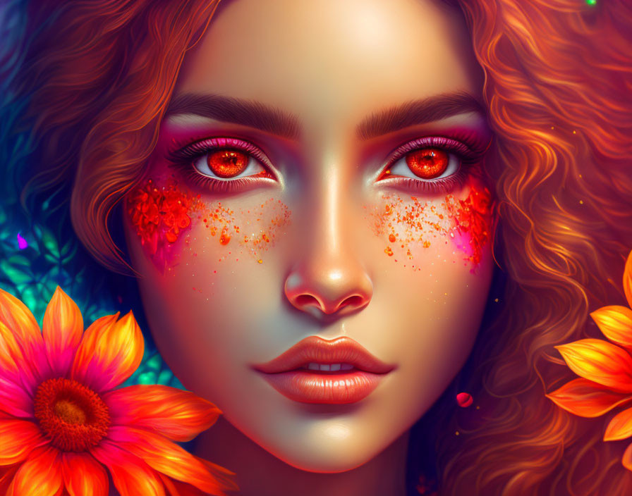 Vibrant red-orange eye makeup on woman with flowers in warm, colorful digital portrait