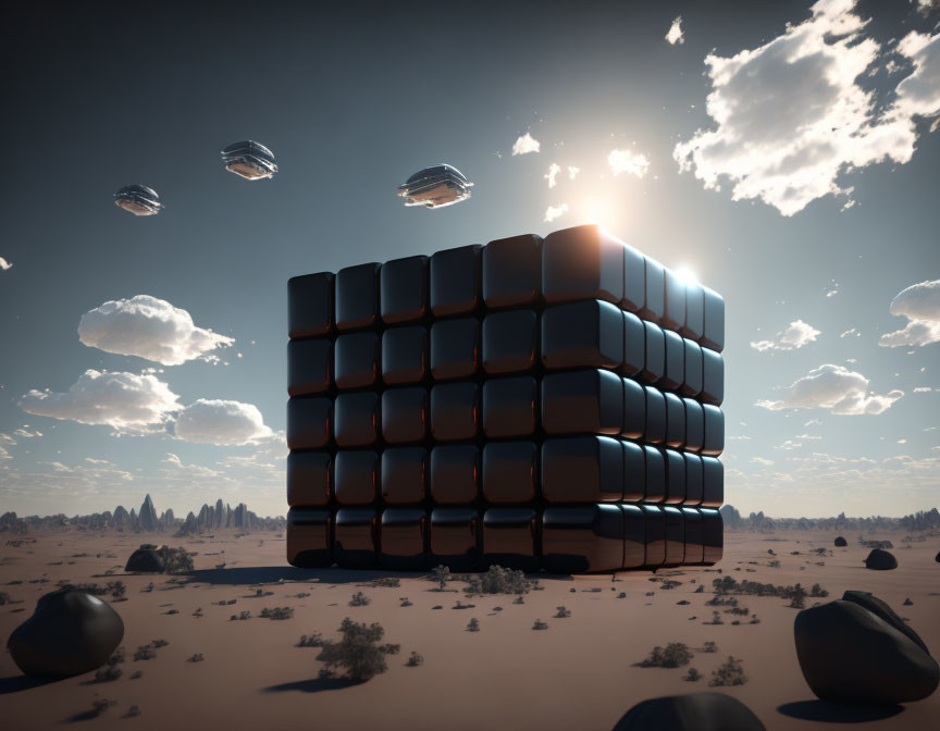 Futuristic cube structure in desert with hovering ships at sunset