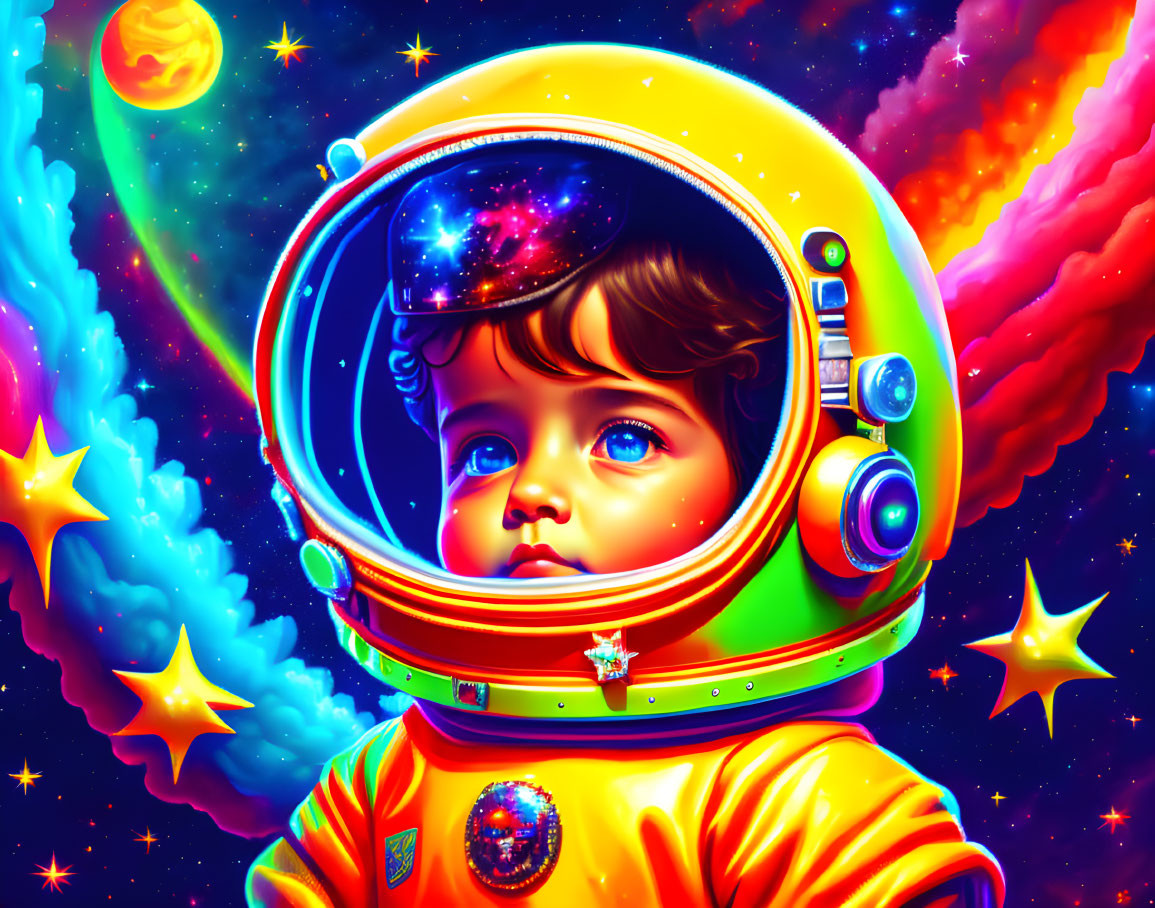 Child in Colorful Space Suit Amid Cosmic Background