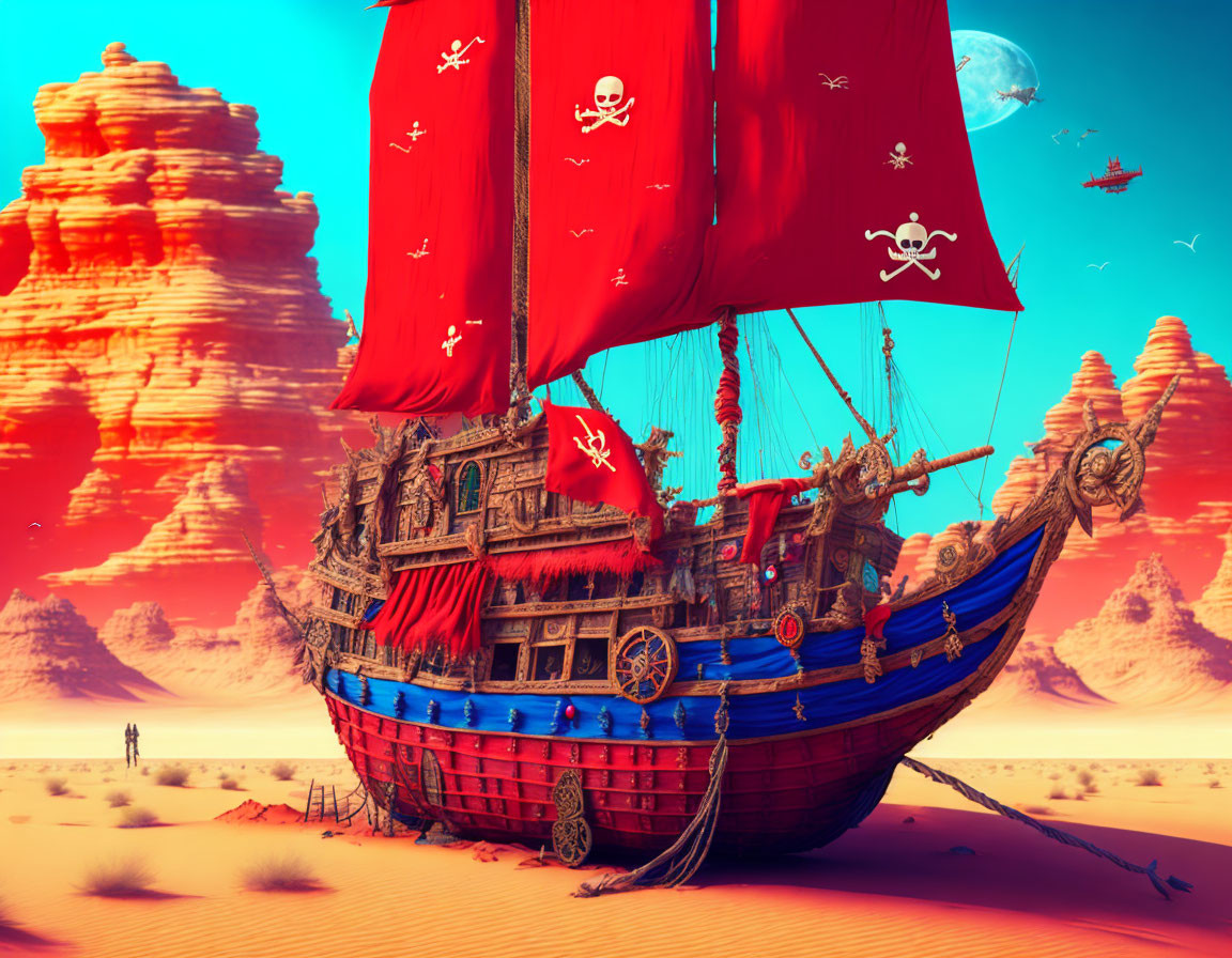 Fantastical pirate ship with red sails above desert rocks under blue sky