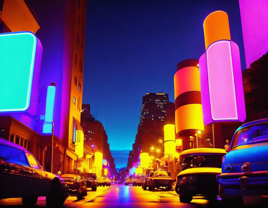 City Street at Night with Blue and Purple Neon Lights and Vintage Cars