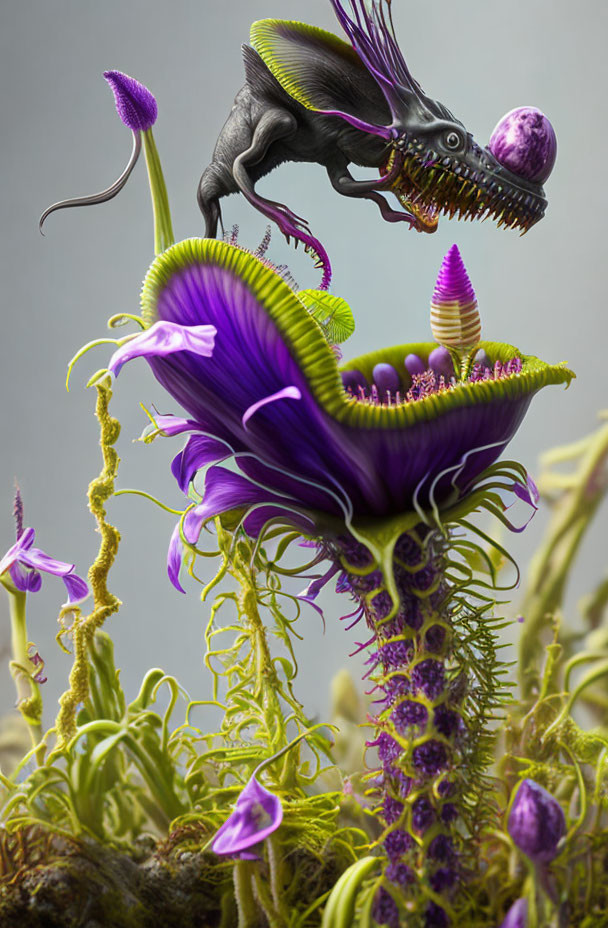 Fantastical dragon-insect hybrid on purple carnivorous plant in mystical setting