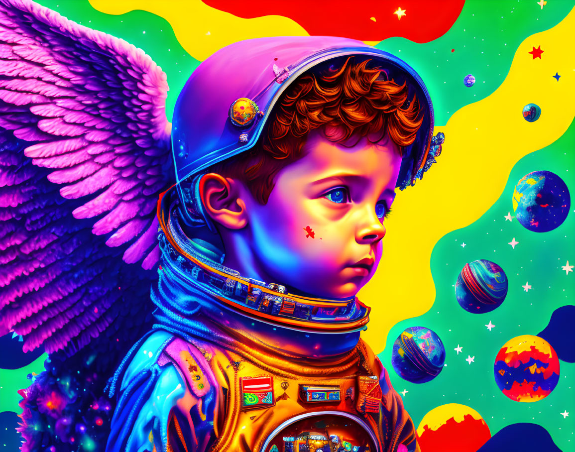 Colorful digital artwork: Child in astronaut suit with angel wings in space.