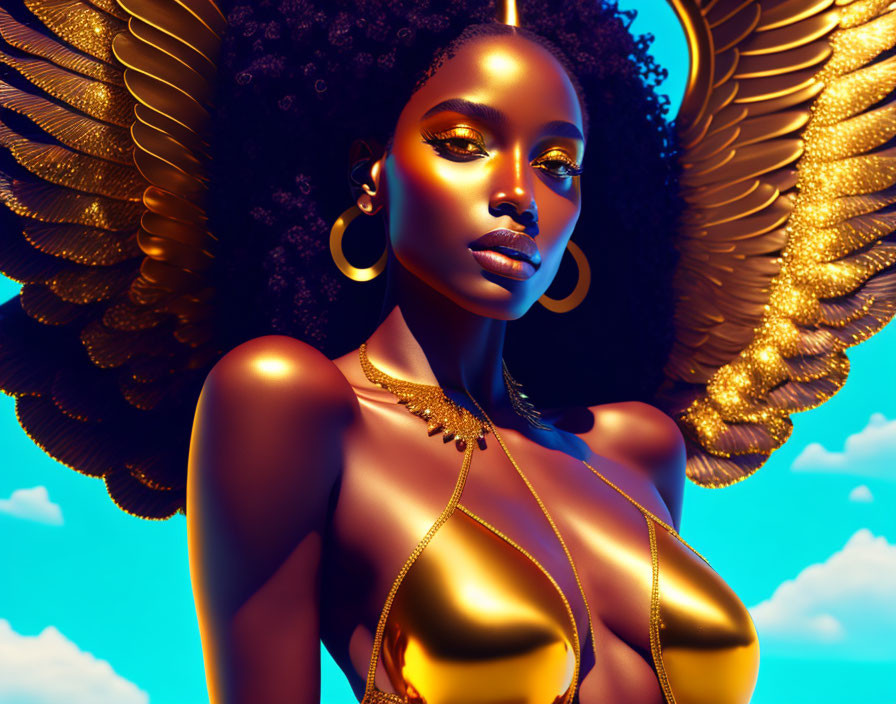 Digital Artwork: Woman with Golden Wings, Dark Skin, Curly Hair, Gold Dress