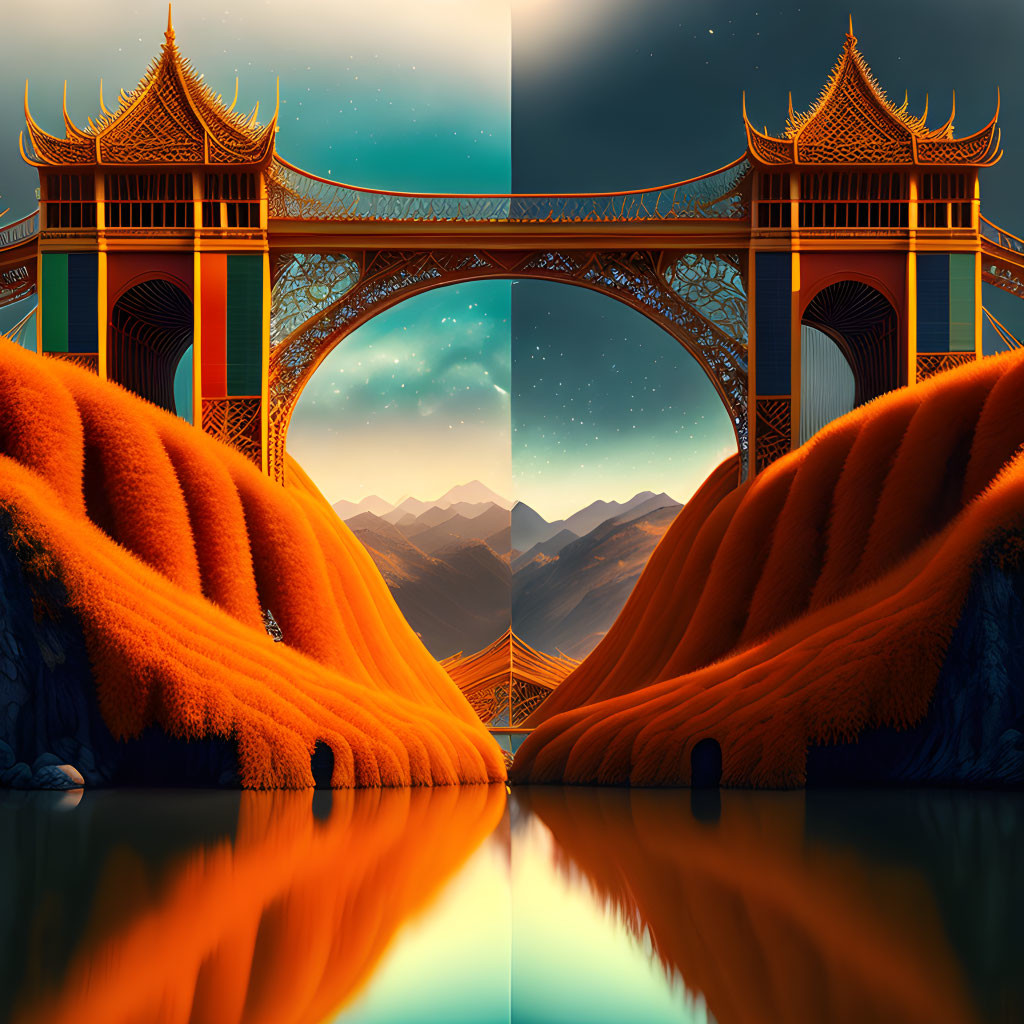 Symmetrical digital artwork of Asian archway over orange flora, mountains, and water.