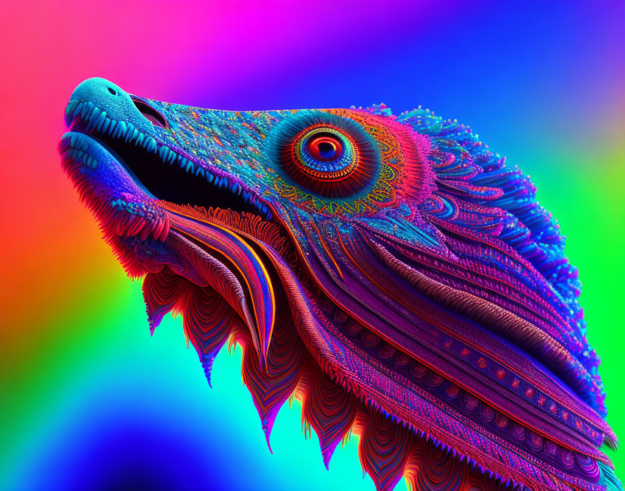 Multicolored fractal dragon with swirling eye on rainbow backdrop