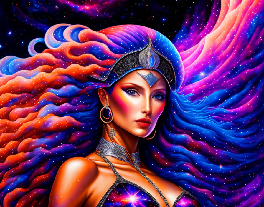 Illustration of woman with cosmic hair and space backdrop in silver outfit