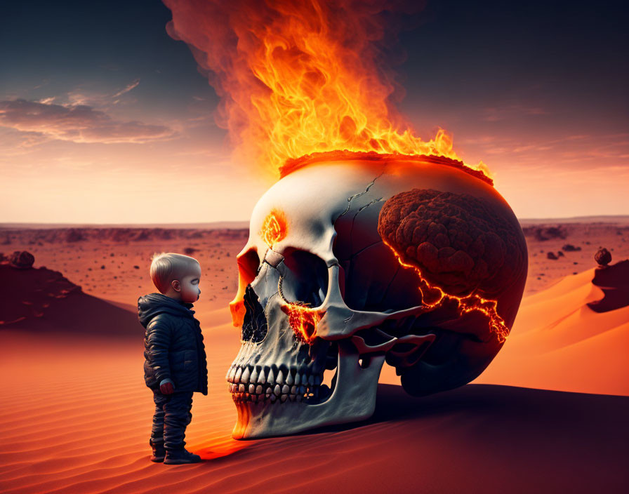 Child in hooded coat faces flaming skull in surreal desert landscape