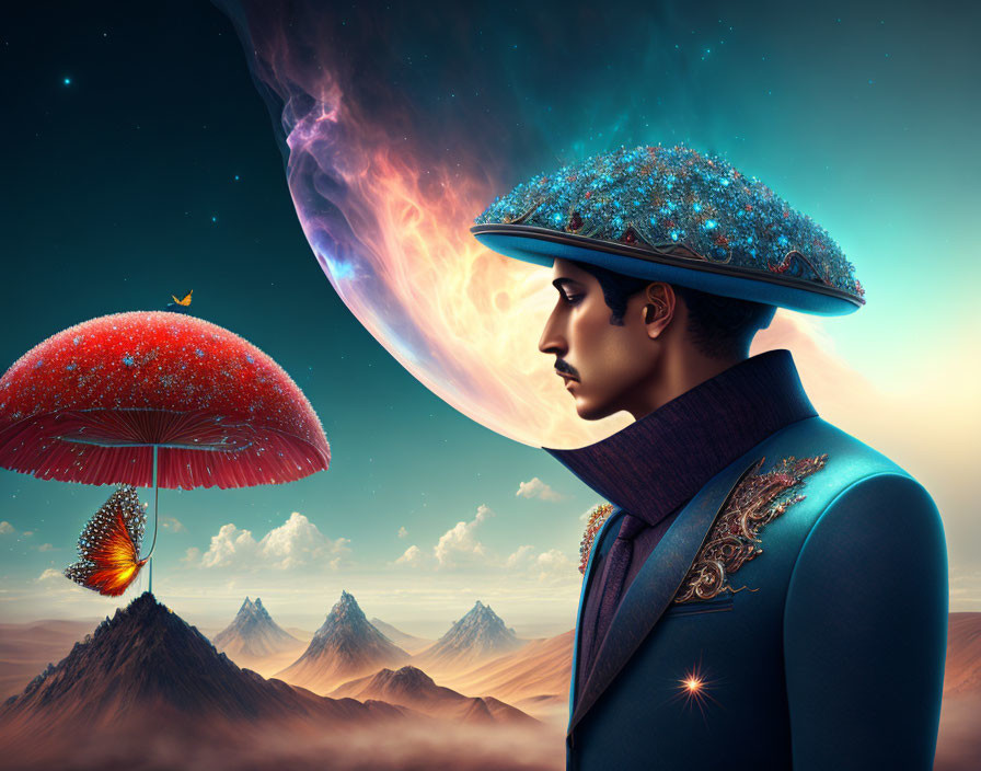 Surreal artwork: man in galaxy hat, fiery butterfly, giant mushroom, cosmic mountains