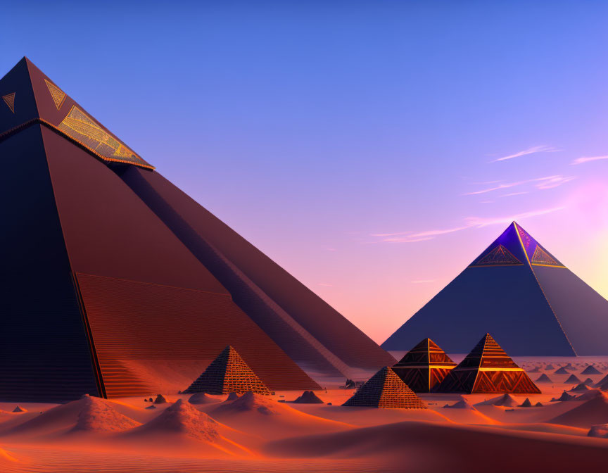 Colorful Dusk Sky Over Illuminated Desert Pyramids