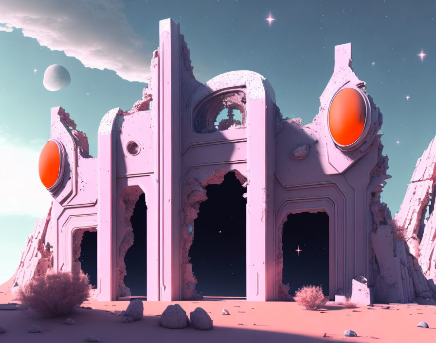 Ruined futuristic structure on alien desert planet with two moons in pink sky