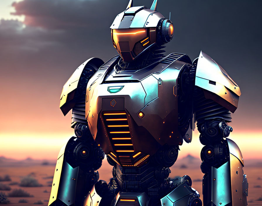 Detailed humanoid robot in metallic armor against sunset sky