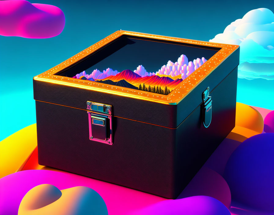 Colorful Surreal Landscape Display on Vibrant Suitcase Background