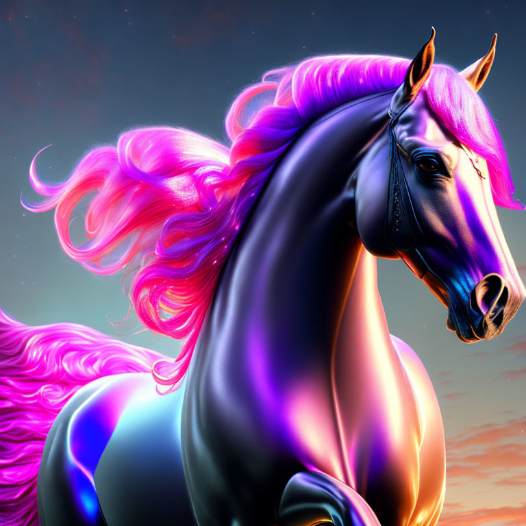 Colorful Horse Artwork with Glowing Mane at Sunset