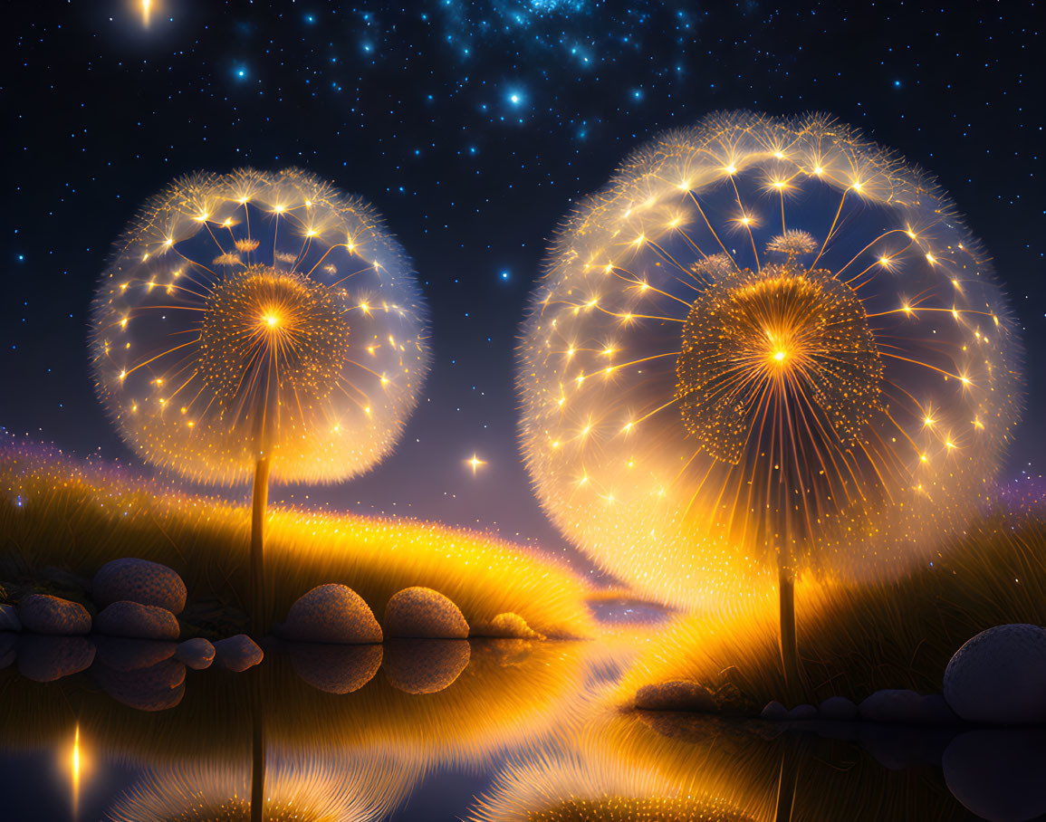 Nighttime river scene with glowing dandelion-like plants and starry sky