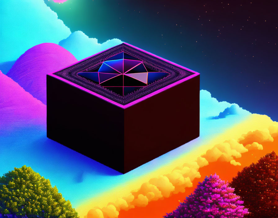 Colorful digital art: Floating cube with fractal core over stylized landscape