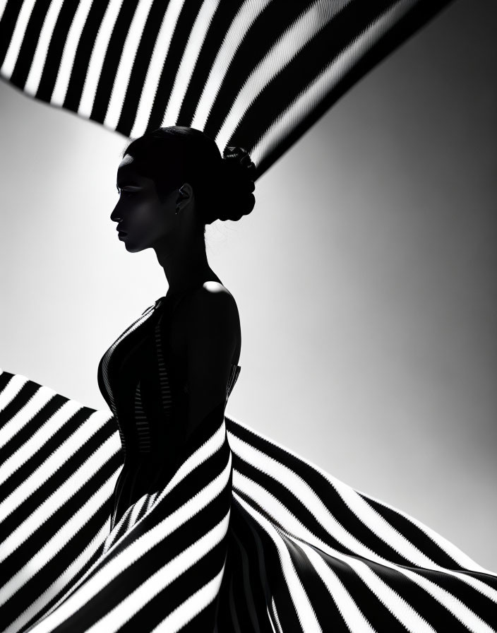 Monochrome image: Woman in profile with striped light patterns