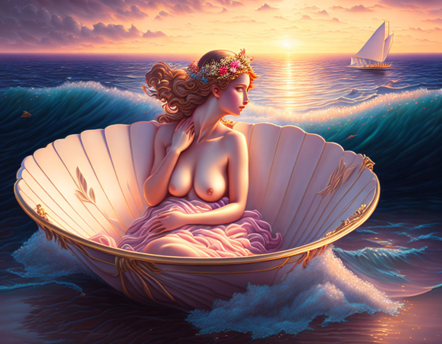 Woman in giant shell boat at sea sunset with distant sailboat