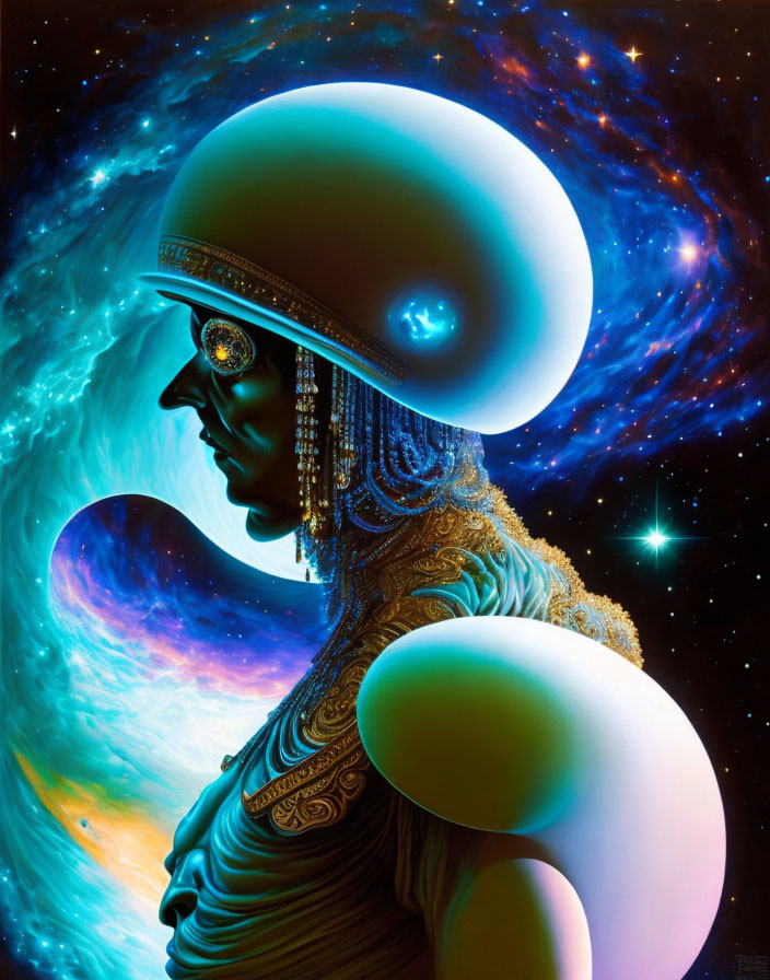 Surreal portrait of figure with cosmic headgear and attire against space backdrop