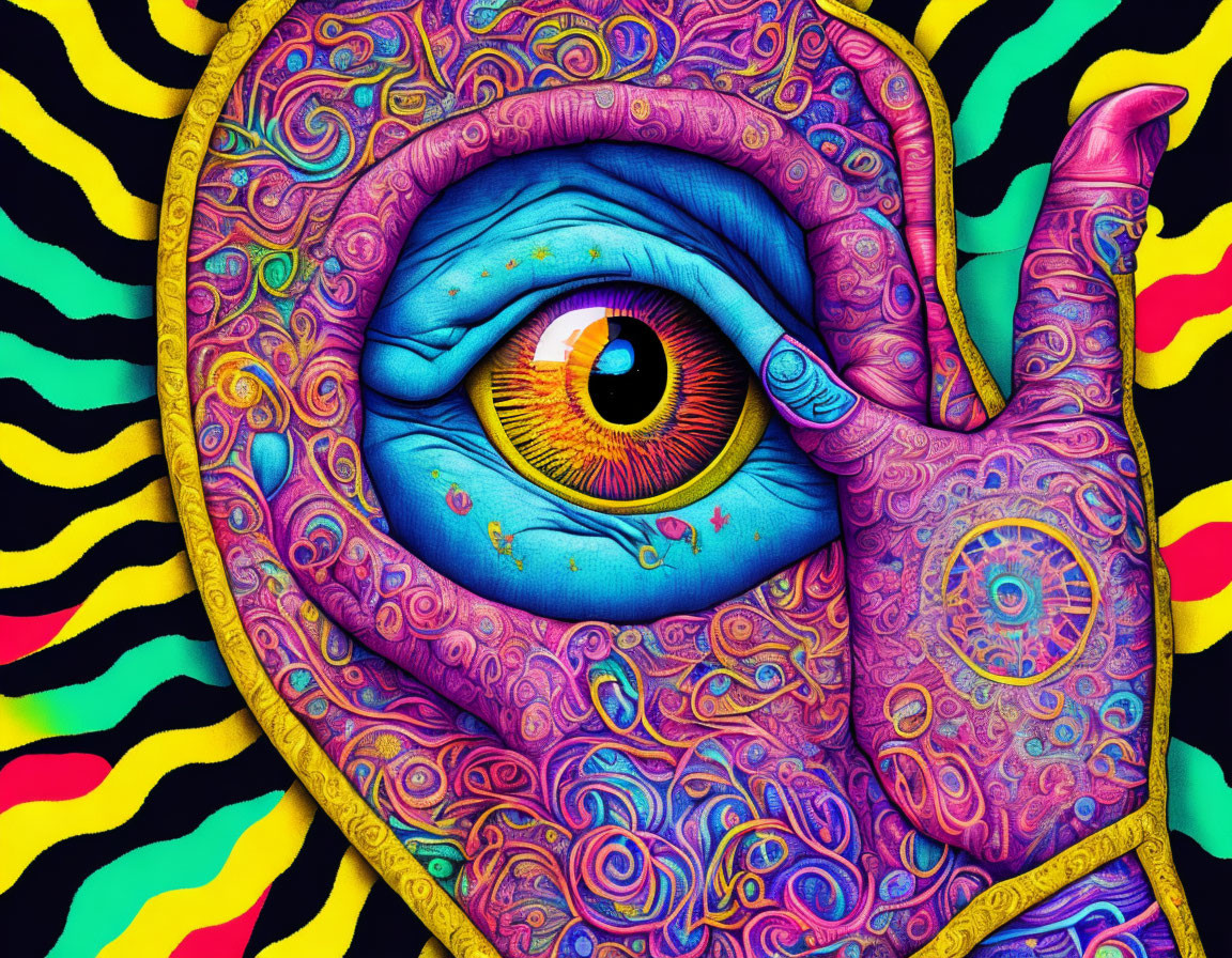 Colorful Psychedelic Human Eye Illustration on Hand with Patterns