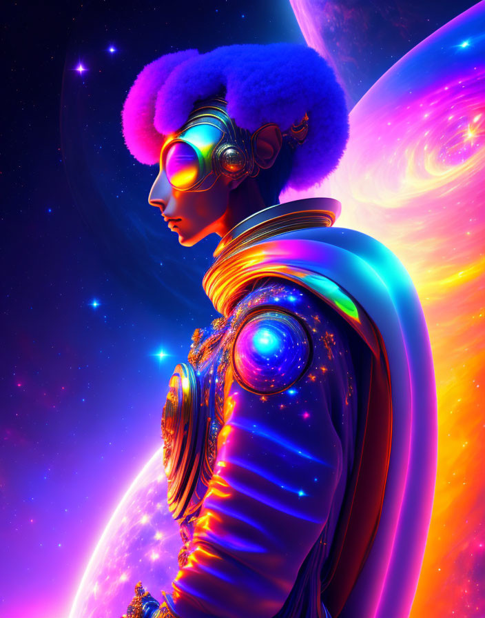 Colorful Sci-Fi Art: Person in Futuristic Attire and Goggles Against Cosmic Background