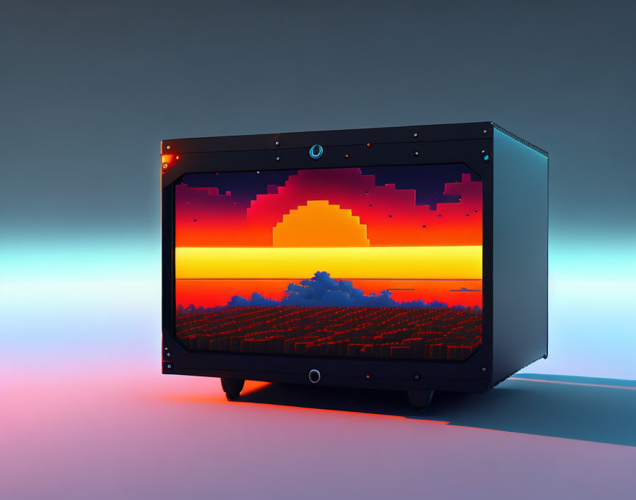 Illuminated 8-Bit Style Sunset Design on Computer Case Side Panel