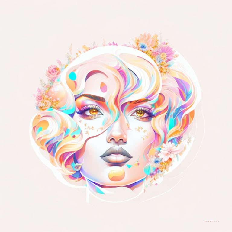 Stylized woman's face with floral elements in pastel hues