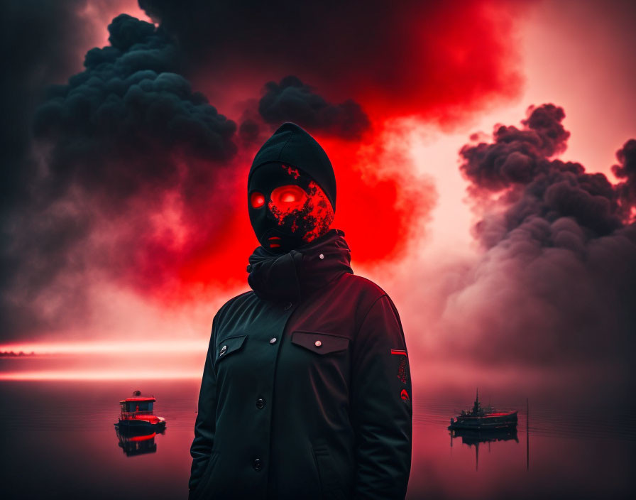 Hooded figure with glowing red eyes in black attire amid red smoke and water boats