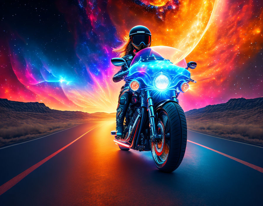 Motorcyclist riding sleek bike on highway at dusk with surreal cosmic sky