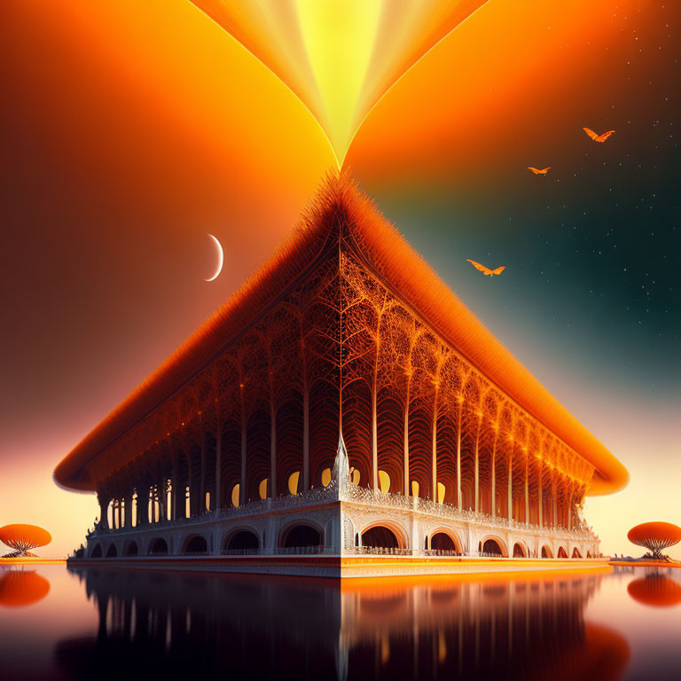 Symmetrical surreal image: ornate building, mirrored reflection, two suns, twilight sky, birds