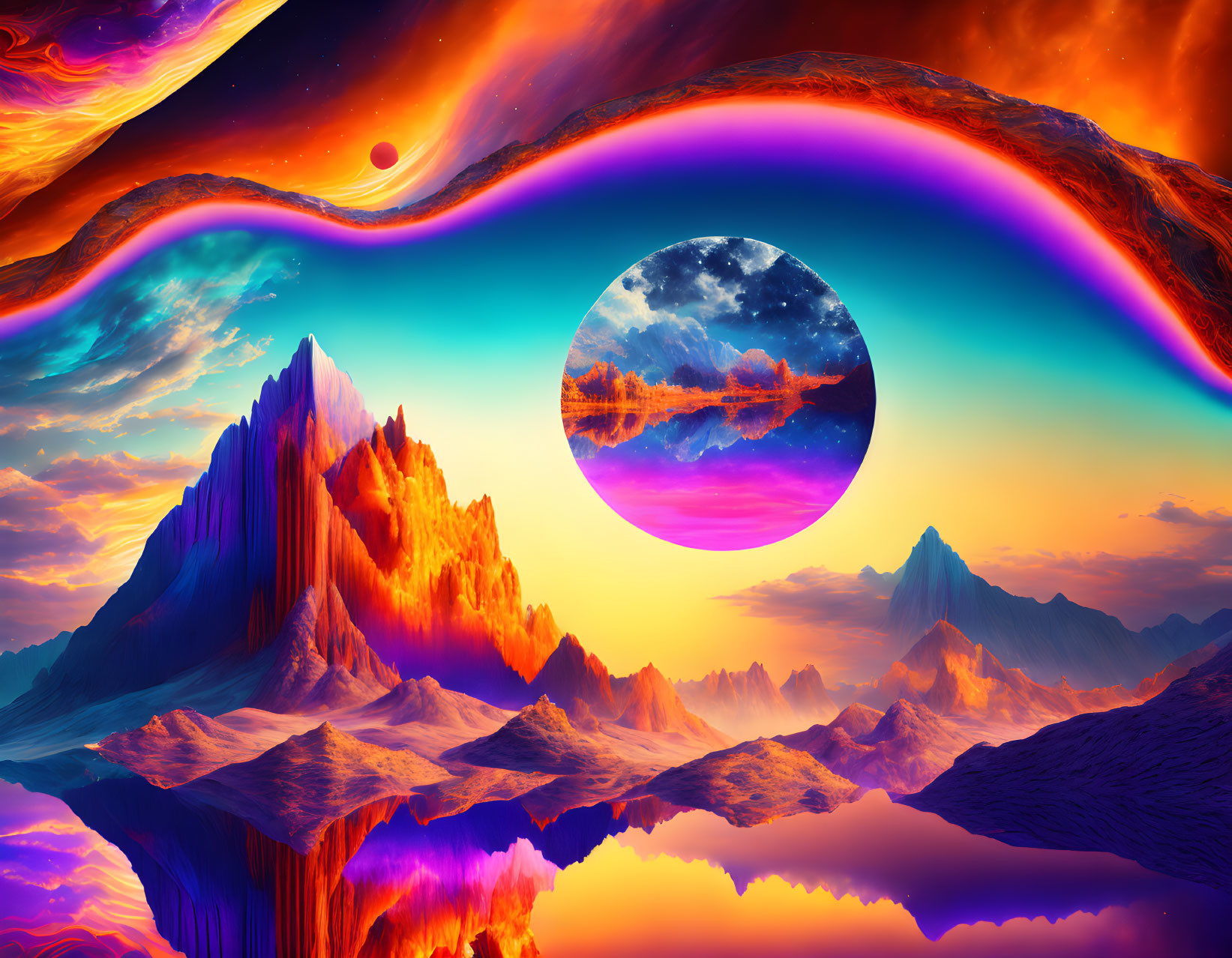 Colorful alien landscape with floating sphere and cosmic sky