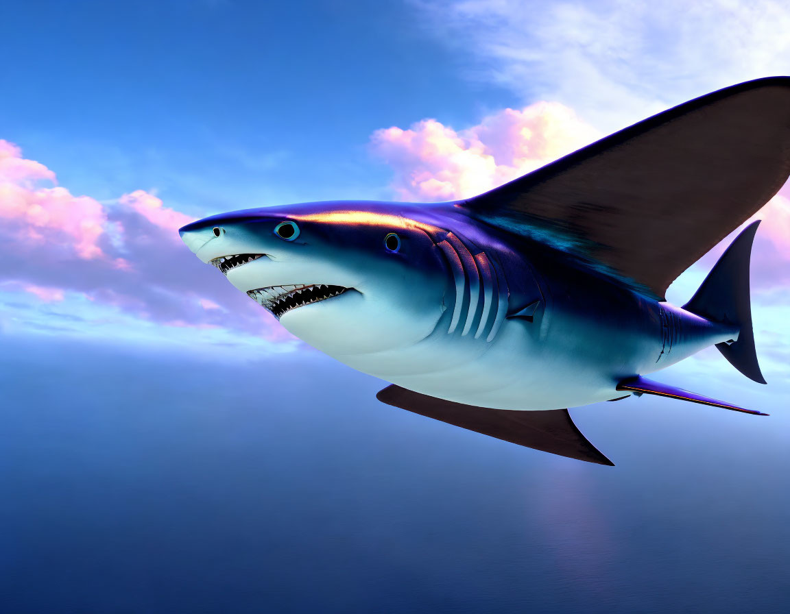 Cartoon-style animated shark swimming in ocean landscape