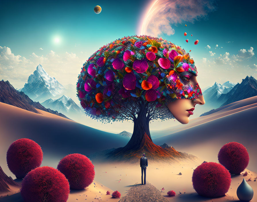 Colorful surreal landscape with woman-shaped tree, person, mountains, desert, and floating orbs.