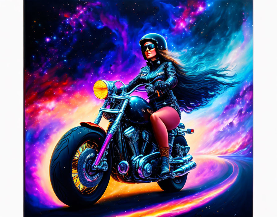 Woman in leather outfit rides motorcycle through cosmic landscape