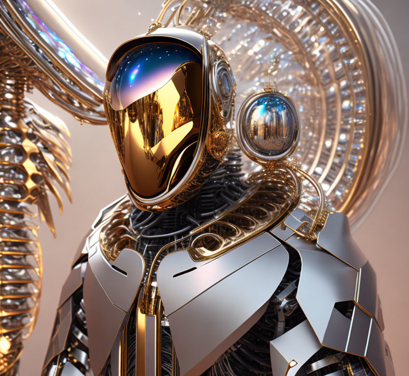 Futuristic Robot with Golden Helmet on Mechanical Background