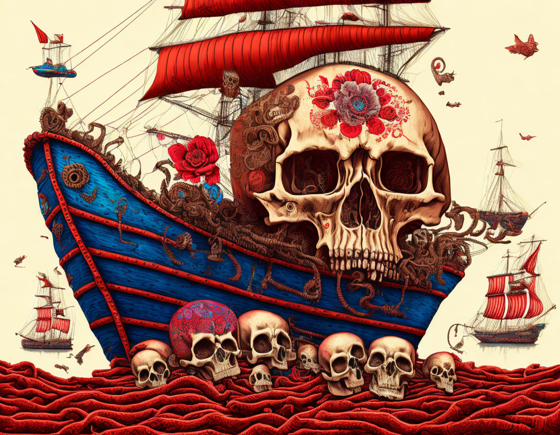 Surreal illustration of ship on giant skull with red ropes & smaller skulls