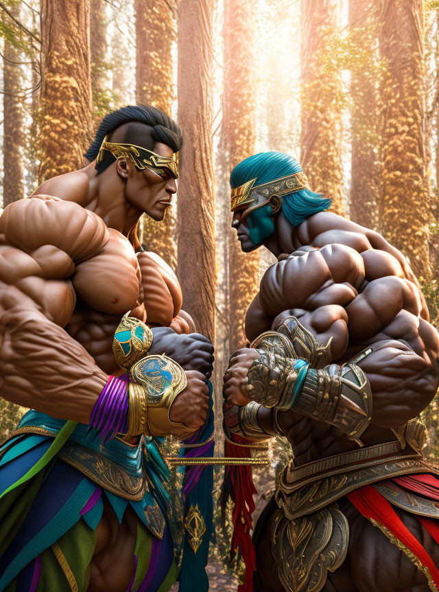 Muscular animated characters in elaborate costumes face off in enchanted forest