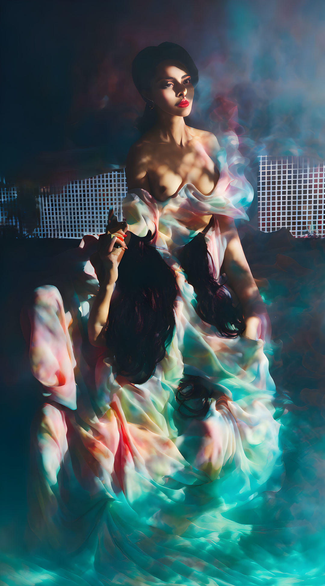 Woman with bun hairstyle poses dramatically in swirling fabric against dark background