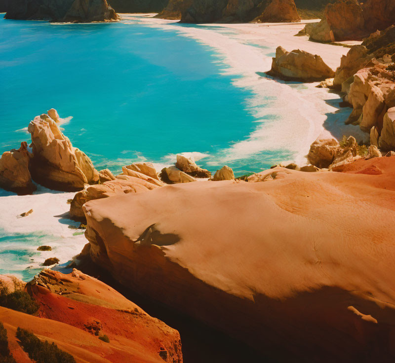 Blue waters, orange cliffs, and sandy beaches in a serene coastal landscape