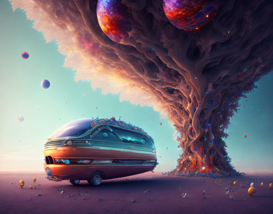 Futuristic vehicle under giant tree in dreamlike alien landscape