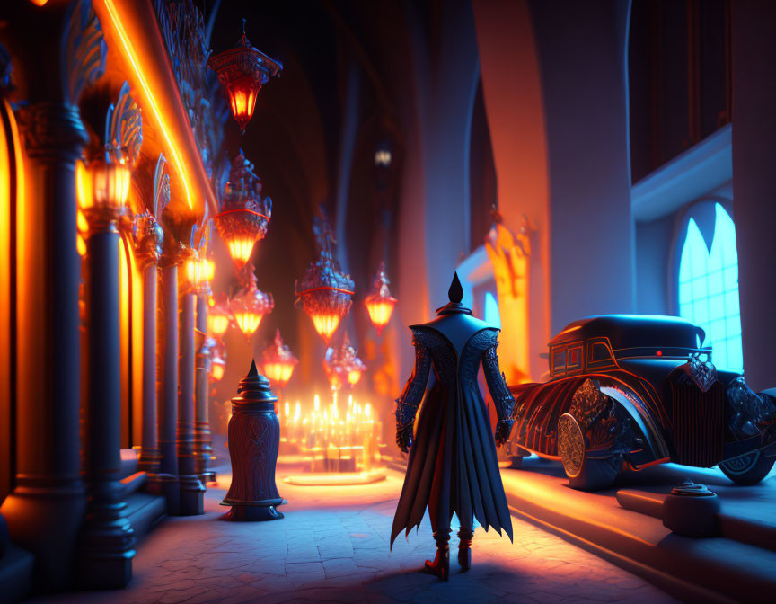 Cloaked figure near classic car in candle-lit Gothic cathedral